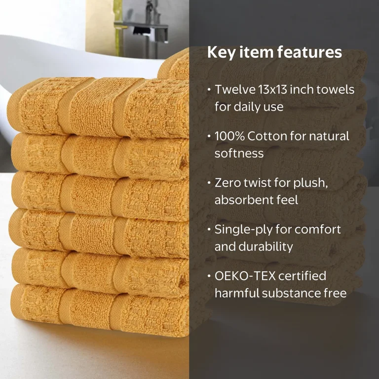 Superior Zero Twist 12-Piece Cotton Face Towel Set, Waffle Border