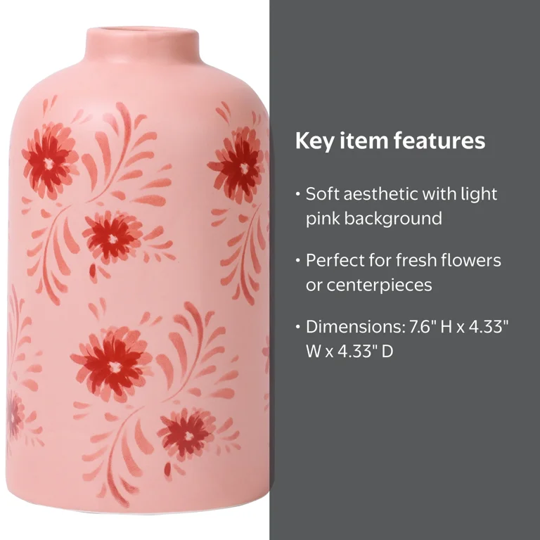 Mainstays Pink Flower Ceramic Vase - 7.6 Tall - Floral Motif