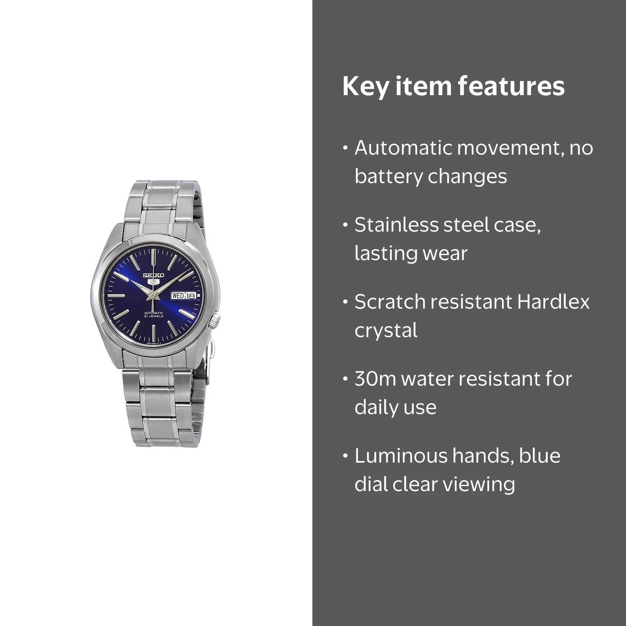 Seiko Men's SNKL43 5 Automatic Stainless Steel Bracelet Blue Dial