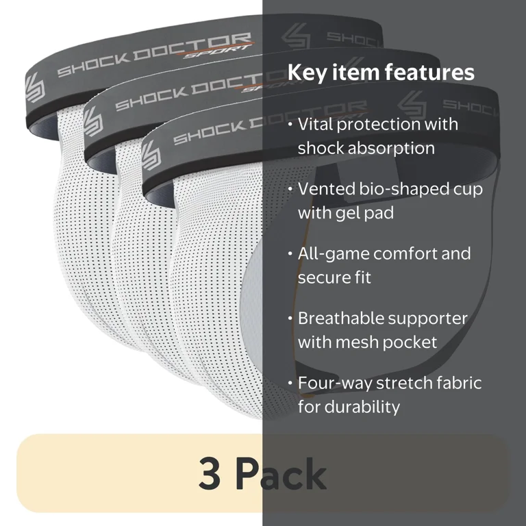 3 pack) Shock Doctor, Supporter with Cup Pocket, Adult, L, White