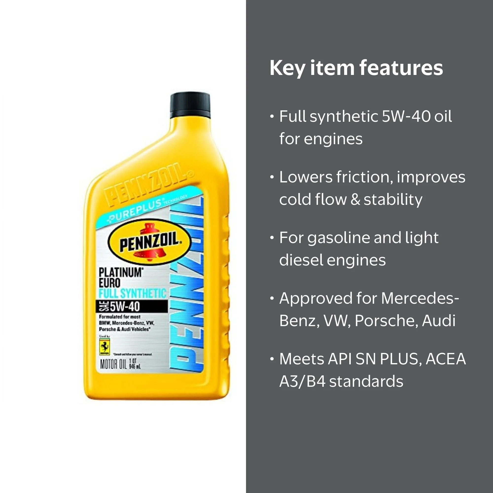 Pennzoil Platinum Euro Full Synthetic Motor Oil SAE 5W-40, 1 Quart