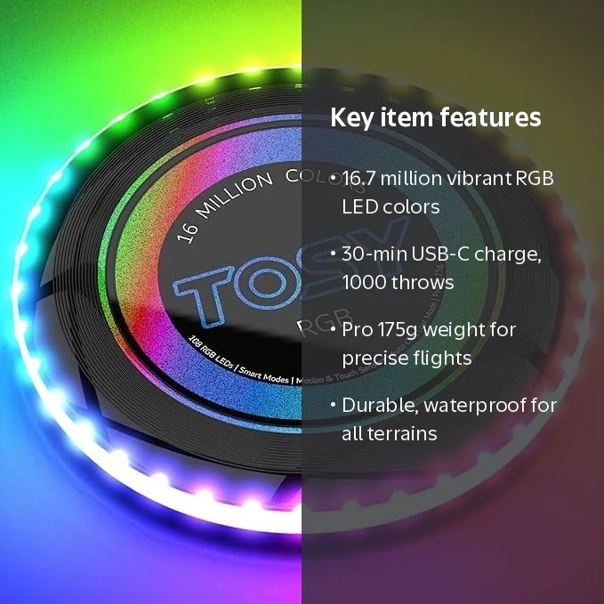 TOSY, Flying Disc, 108 RGB LEDs, Waterproof, Rechargeable