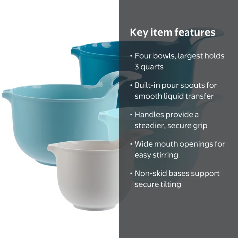 Mainstays 4 Piece Plastic Mixing Bowl Set with Handles, Pour