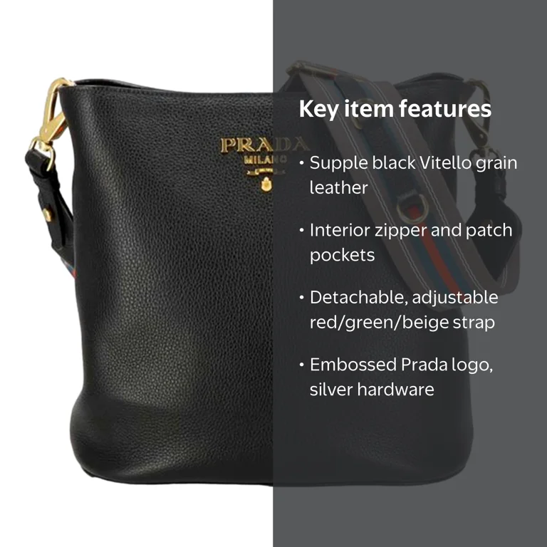 Prada Vitello Phenix Black Leather Web Strap Crossbody Bucket Bag
