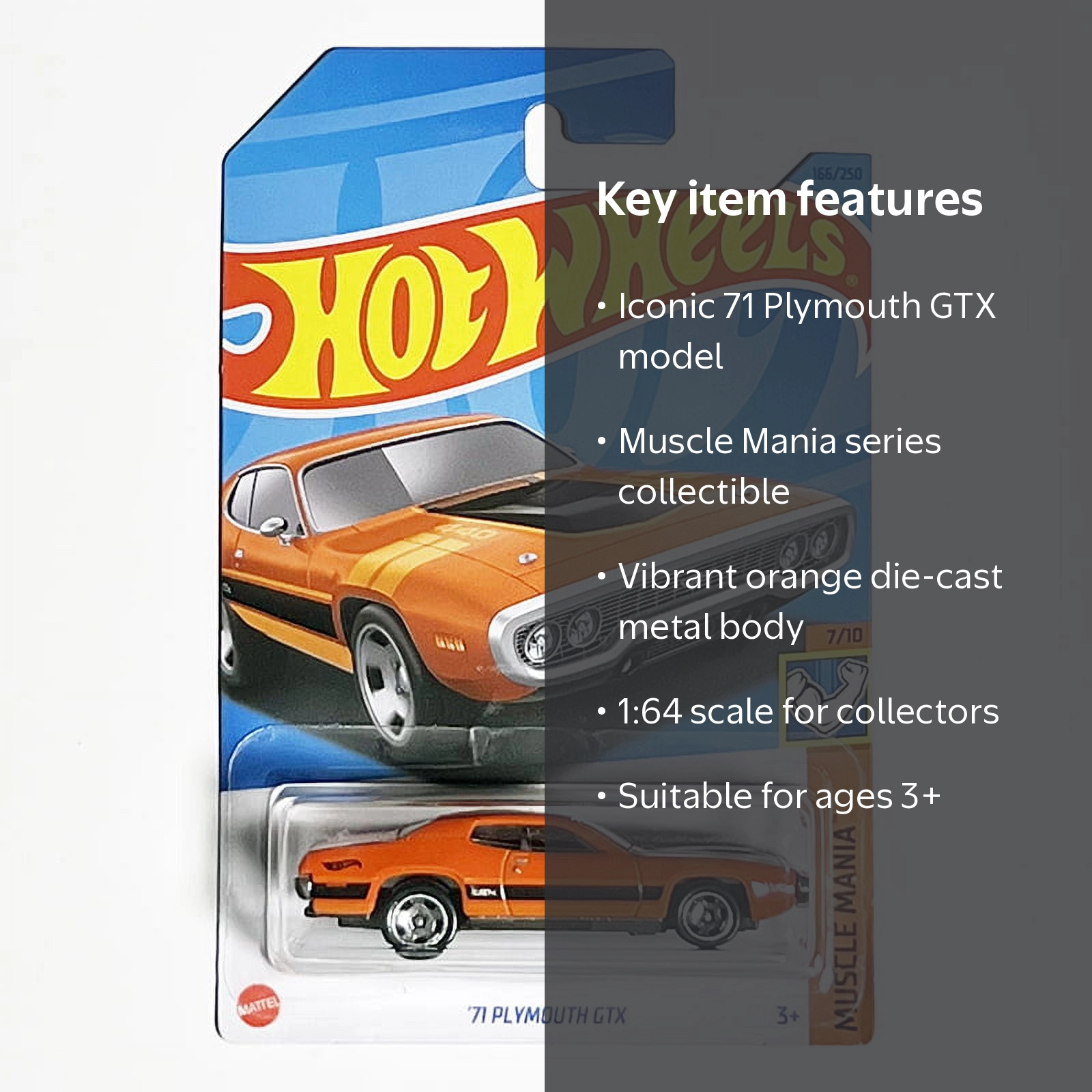 Mattel Hot Wheels 2023 71 Plymouth GTX Die-Cast Car, Orange, 1:64