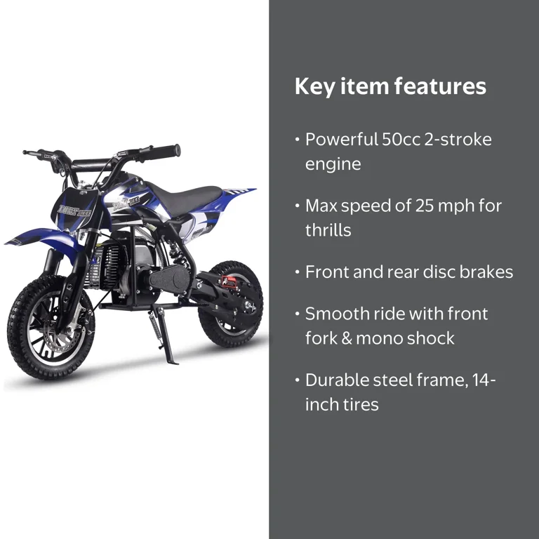 MotoTec Mini Power DB-01 50cc 2-Stroke Kids Gas Dirt Bike, Blue