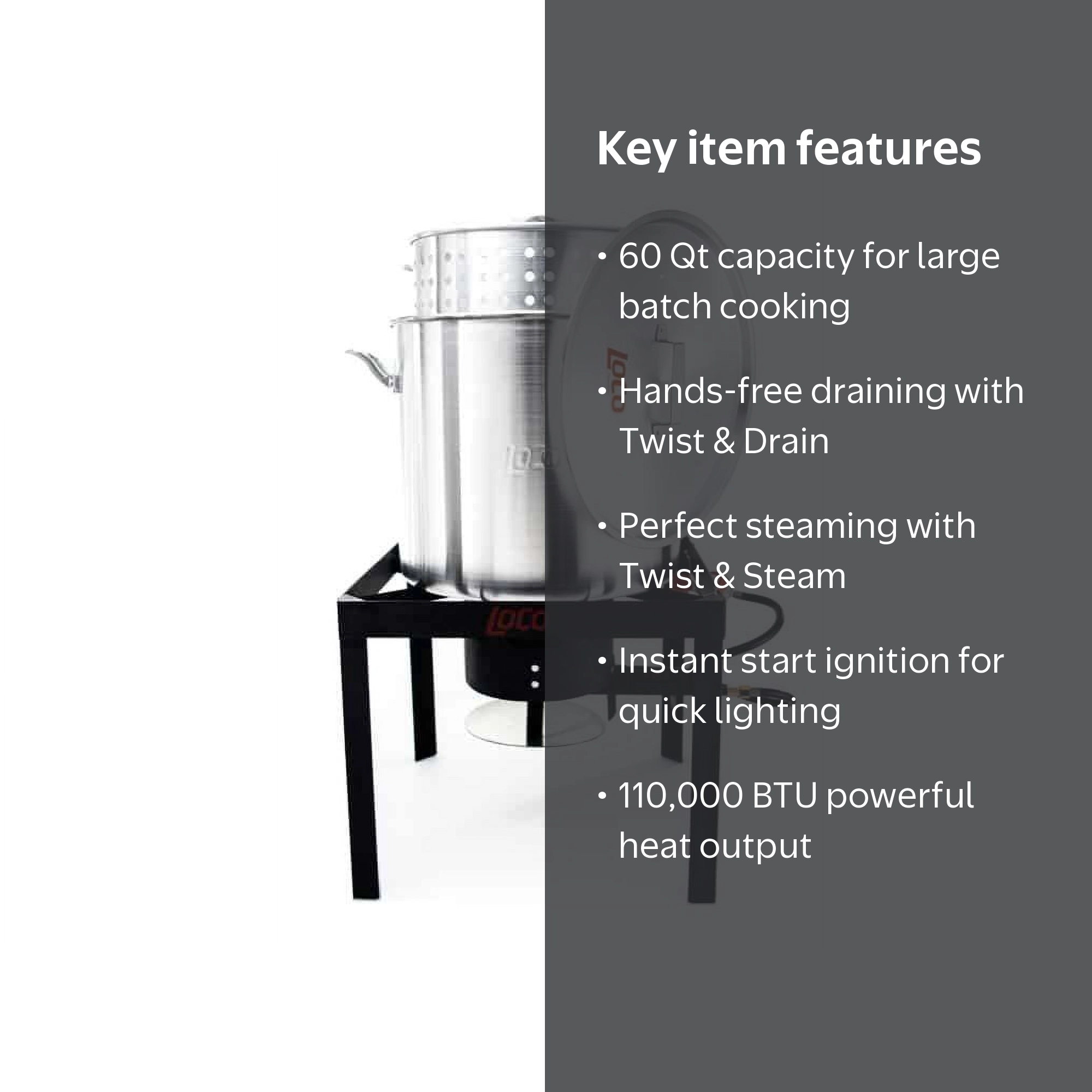LoCo 60qt Cooker, Boiler Pot with Burner, Twist, Steam & SureSpark