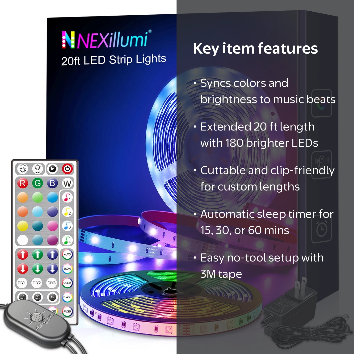 Nexillumi 20 ft LED Strip Lights, Color Changing, Music Sync