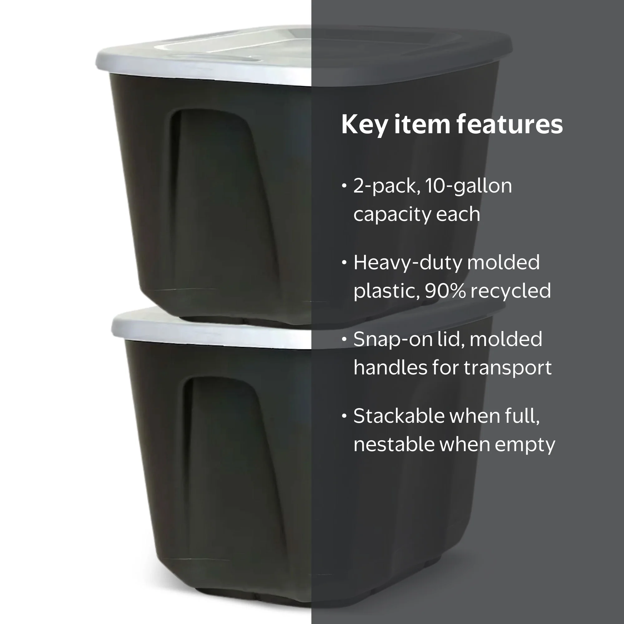 Homz 6610BKTS.10 10 Gal Molded Plastic Storage Bin with Lid 2pk
