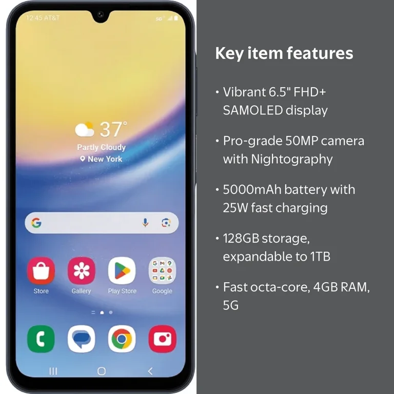 New AT&T Samsung Galaxy A15 5G, 128GB, 4GB RAM, Black - Prepaid
