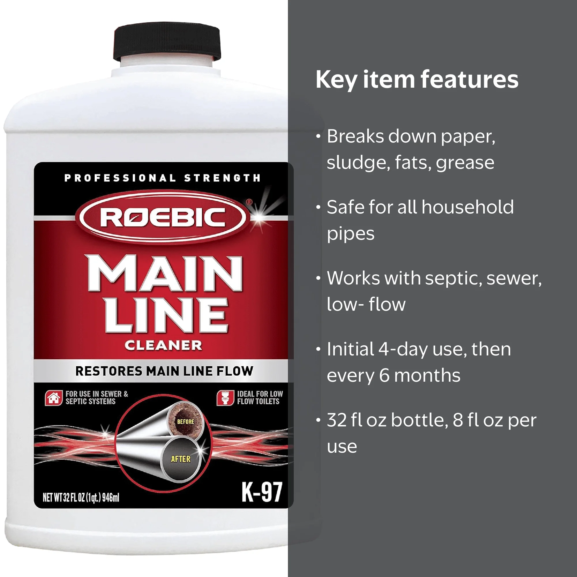 Roebic K-97 Liquid Main Line Drain Cleaner, 32 Fl Oz, Clog Remover