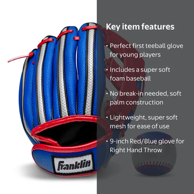Franklin Sports Air Tech Kids Teeball Glove + Ball Set, 9 in, Red