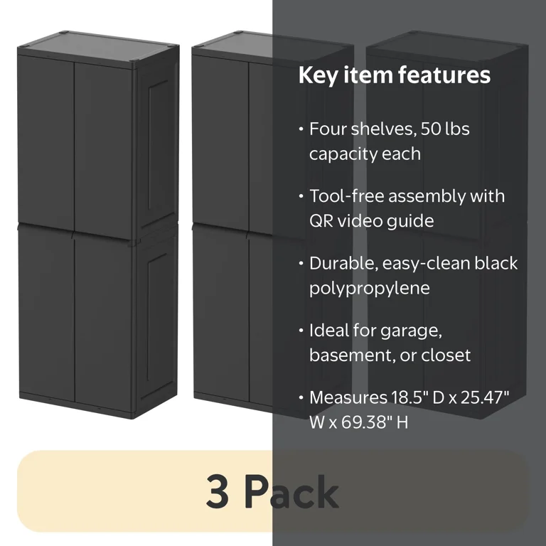 3 pack) Hyper Tough 4-Shelf Plastic Garage Storage Utility Cabinet