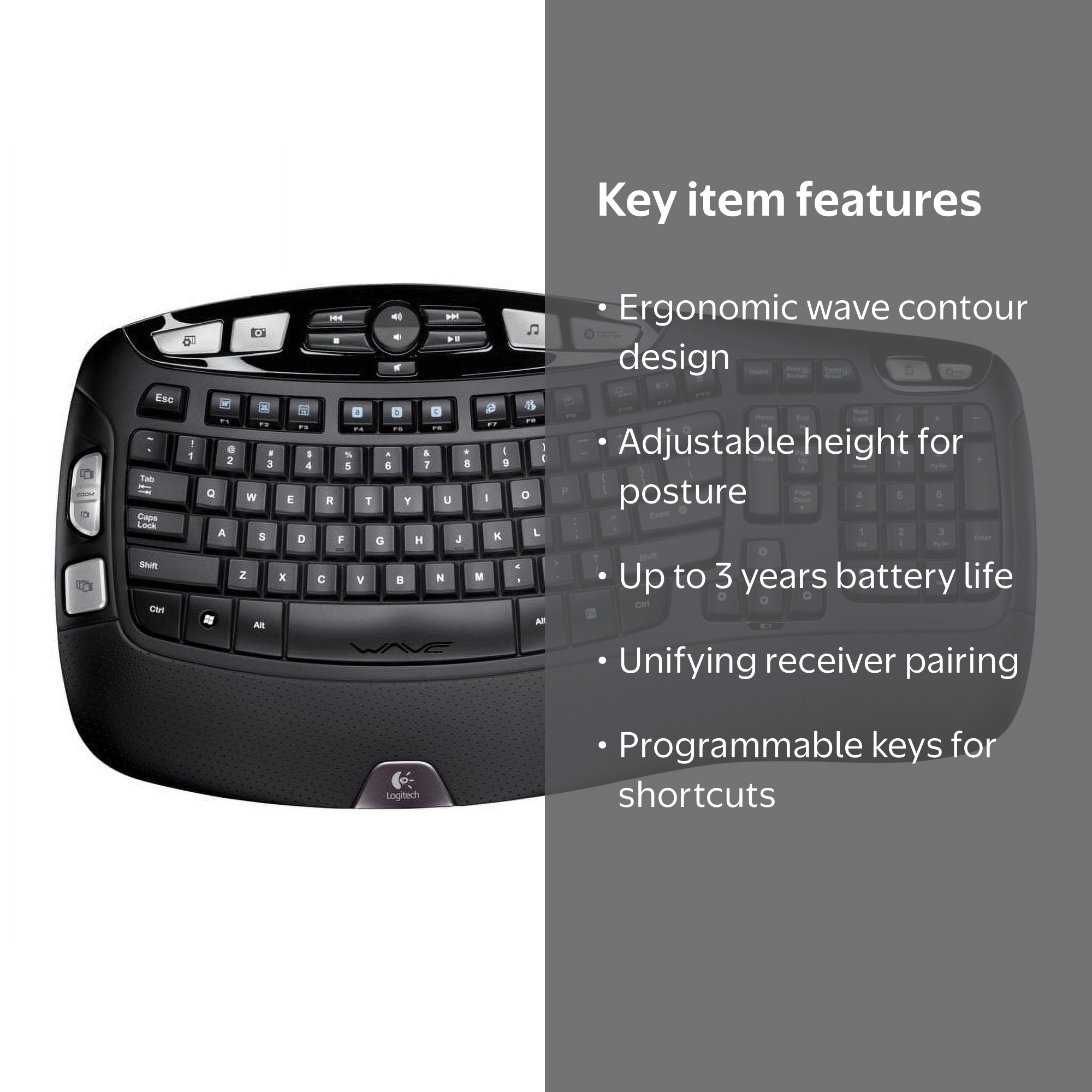 Logitech K350 Full Size Wireless Keyboard, Black with Windows