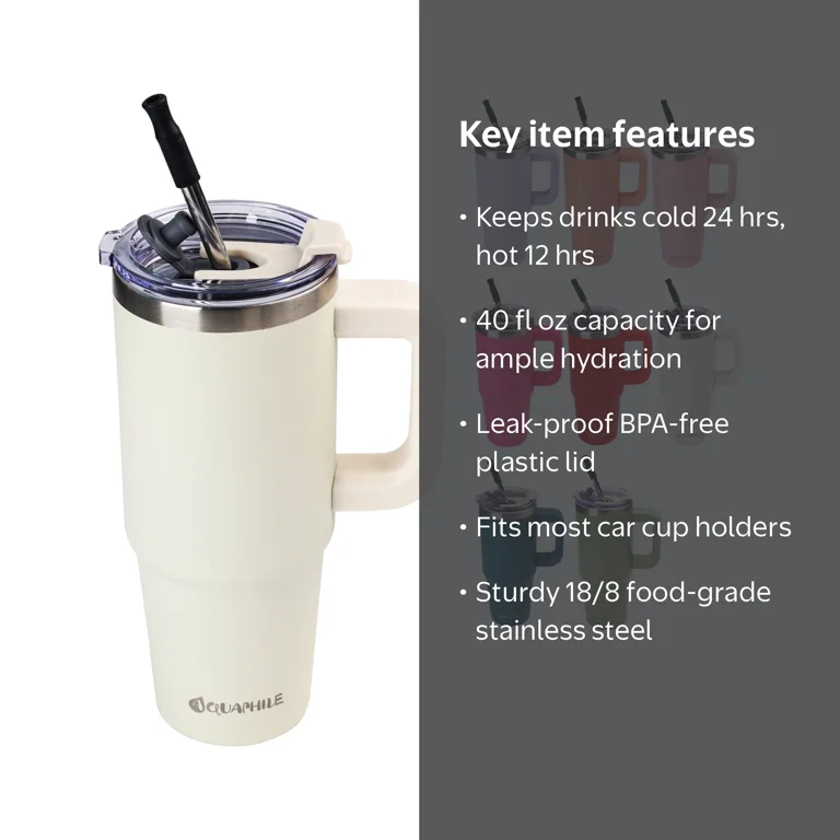 AQUAPHILE 40 oz Insulated Tumbler, Stainless Steel Coffee Mug, Lid