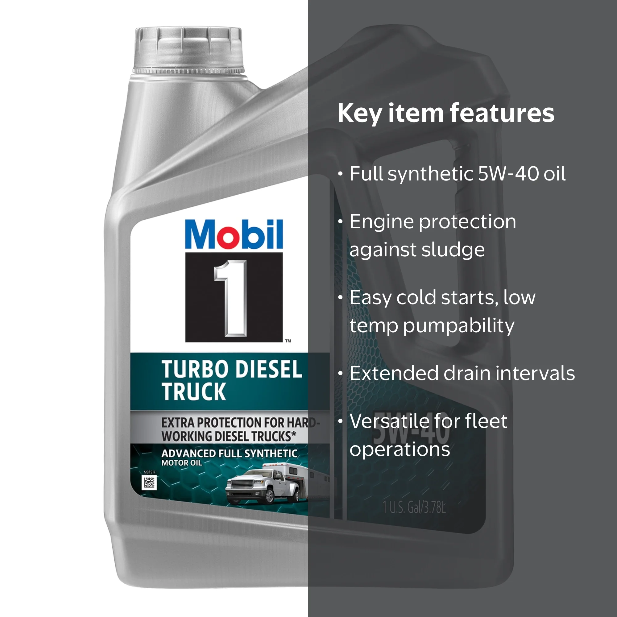 Mobil 1, Turbo Diesel Truck Full Synthetic Motor Oil, 5W-40, 1