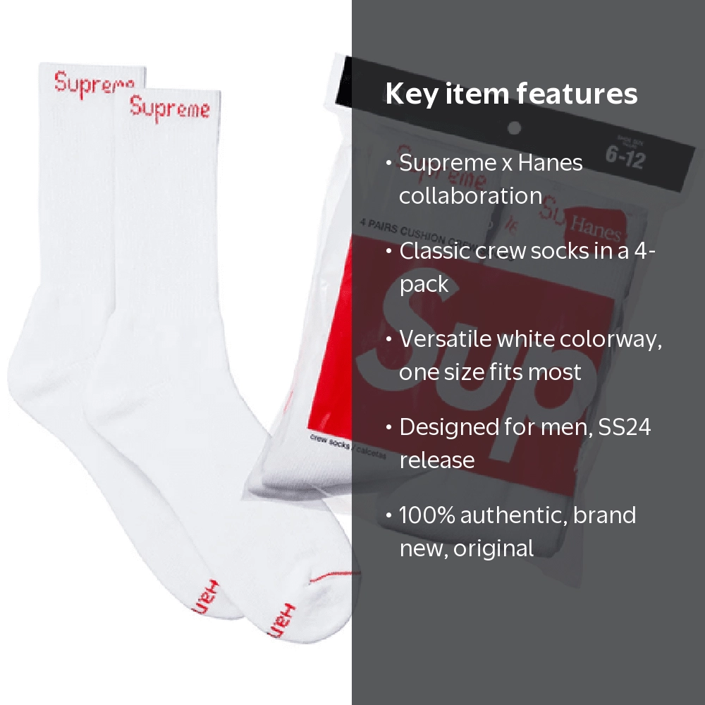 新品未開封 Supreme Hanes Crew Socks 白 4セット Men's Supreme x Hanes Crew Socks 4 Pack White - OS - Walmart.com