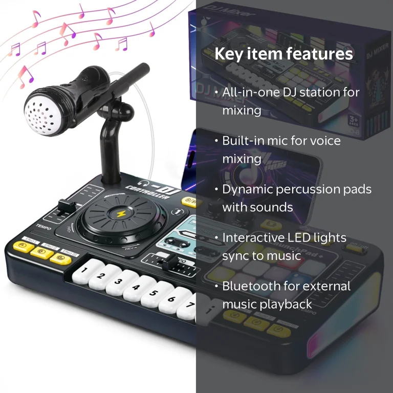 Carsky Kids DJ Mixer Turntable, Bluetooth Microphone, Light up DJ