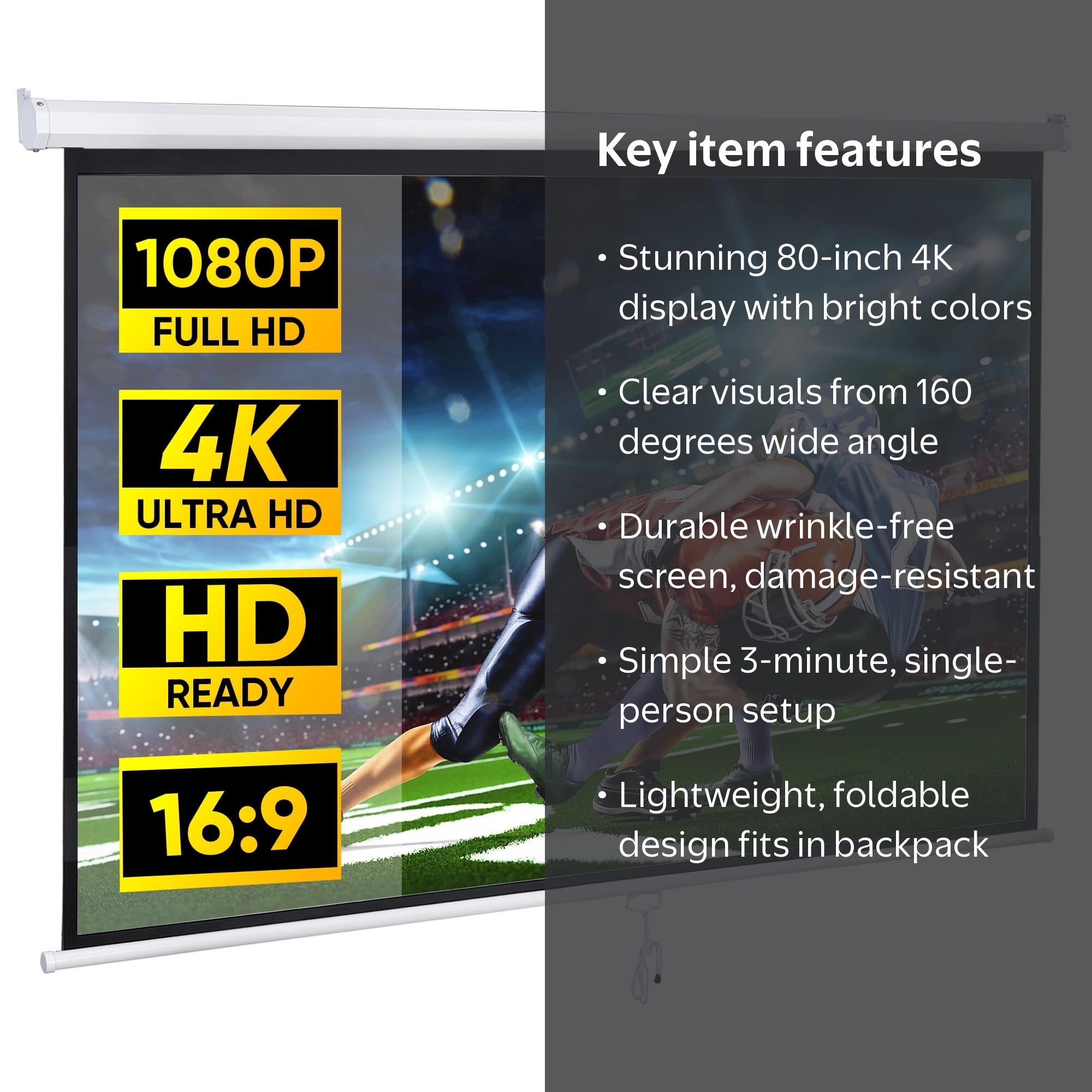 screenページ ① ZENY, 80'' Projector Screen, 16:9 HD Foldable Portable, White