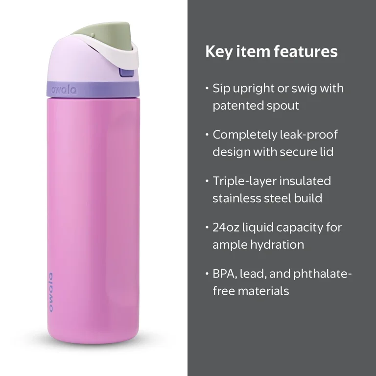 Owala FreeSip Stainless Steel Water Bottle, 24oz, Magenta Madness