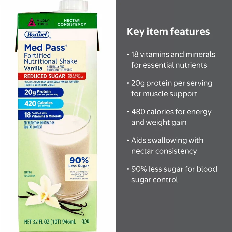 Hormel Med Pass Vanilla Nutritional Shake, Reduced Sugar, 32 oz