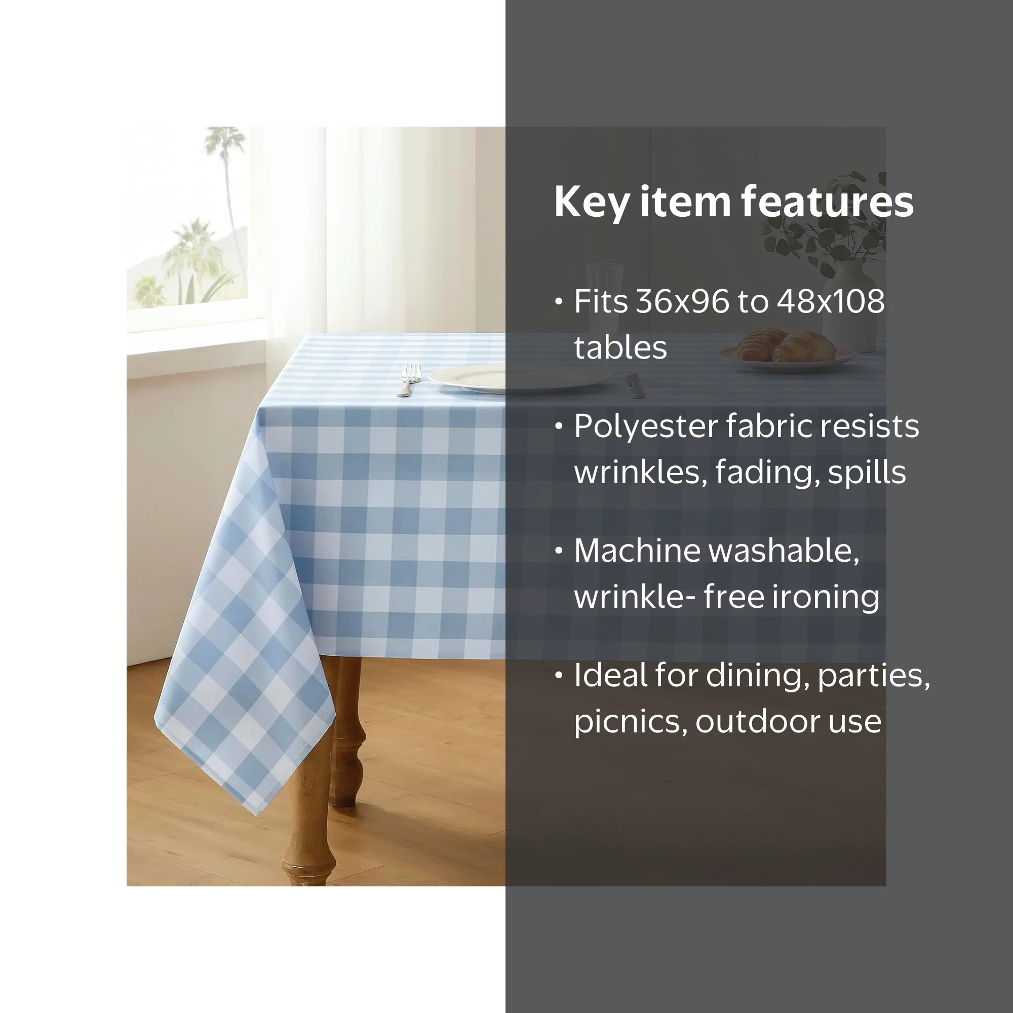 Checkered Gingham Tablecloth 60x120 Inch, Light Blue and White