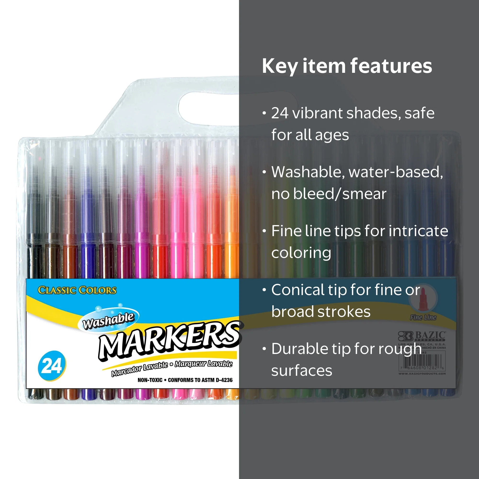 BAZIC Washable Fine Line Markers, 24 Color Pack for Kids, School