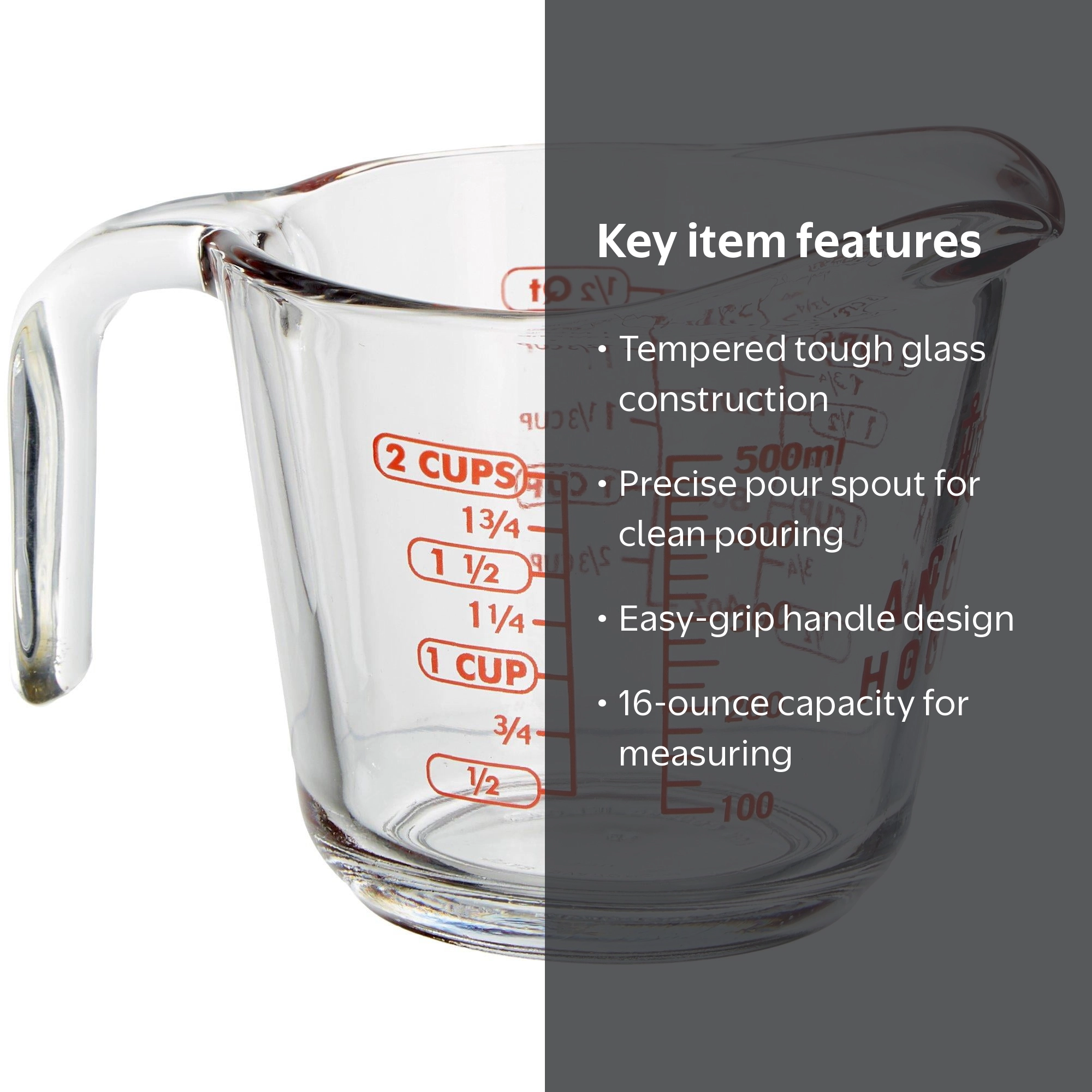 Anchor Hocking, Glass Measuring Cup, 2 Cup, 16oz with Red Markings