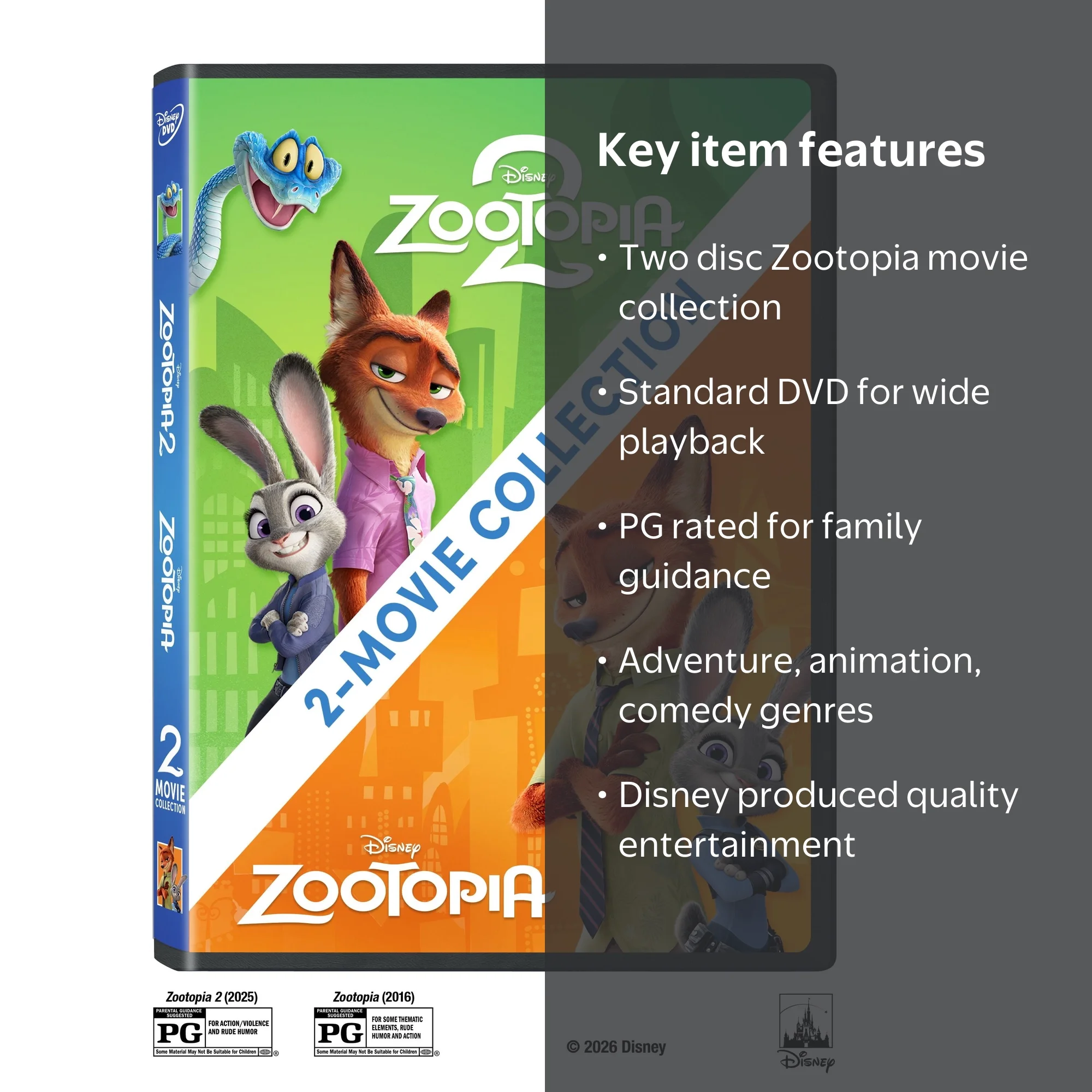 Disney, Zootopia 2 and Zootopia, 2 Disc DVD, Adventure Animated