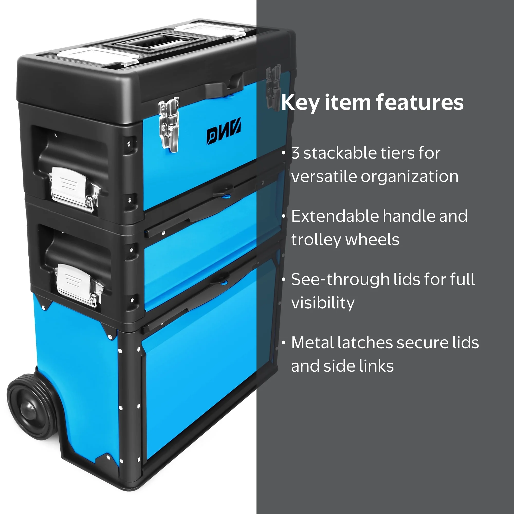 DNA Motoring 3-Tier Rolling Plastic Tool Box Storage, Heavy Duty