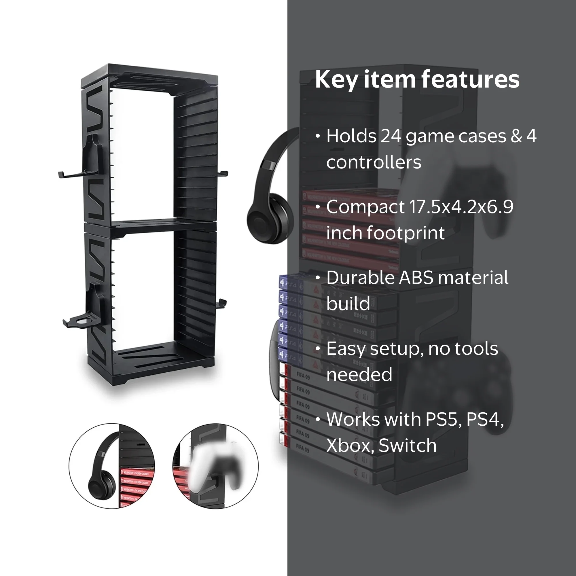 LASIEYO Gaming Storage Tower, Holds 24 Disks, 4 Controller Hooks
