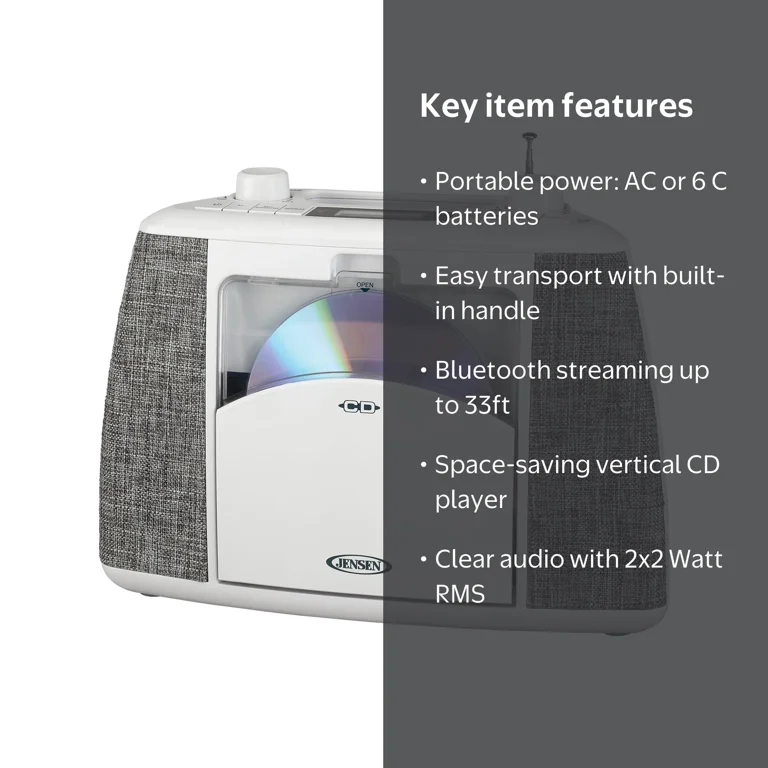 Jensen Portable Bluetooth CD Music System with FM Stereo Radio, CD