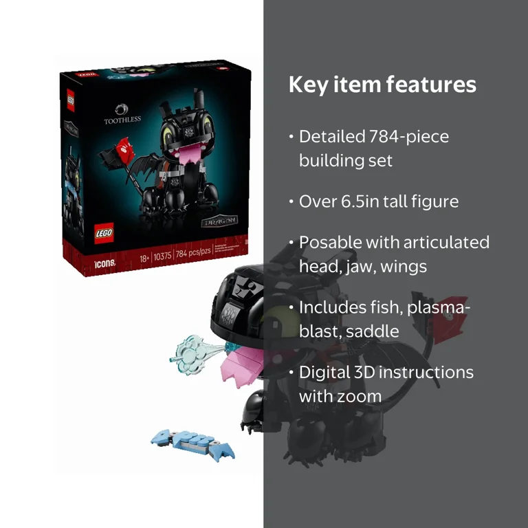LEGO Icons Toothless Building Set for Adults, Night Fury Dragon