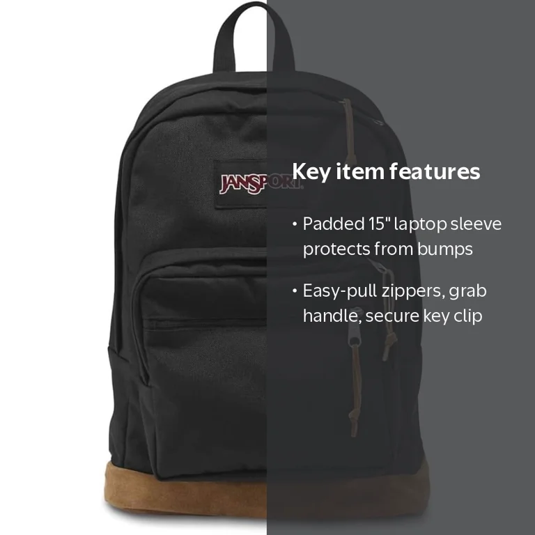 JanSport Right Pack, Black Laptop School Backpack, Padded 15-inch