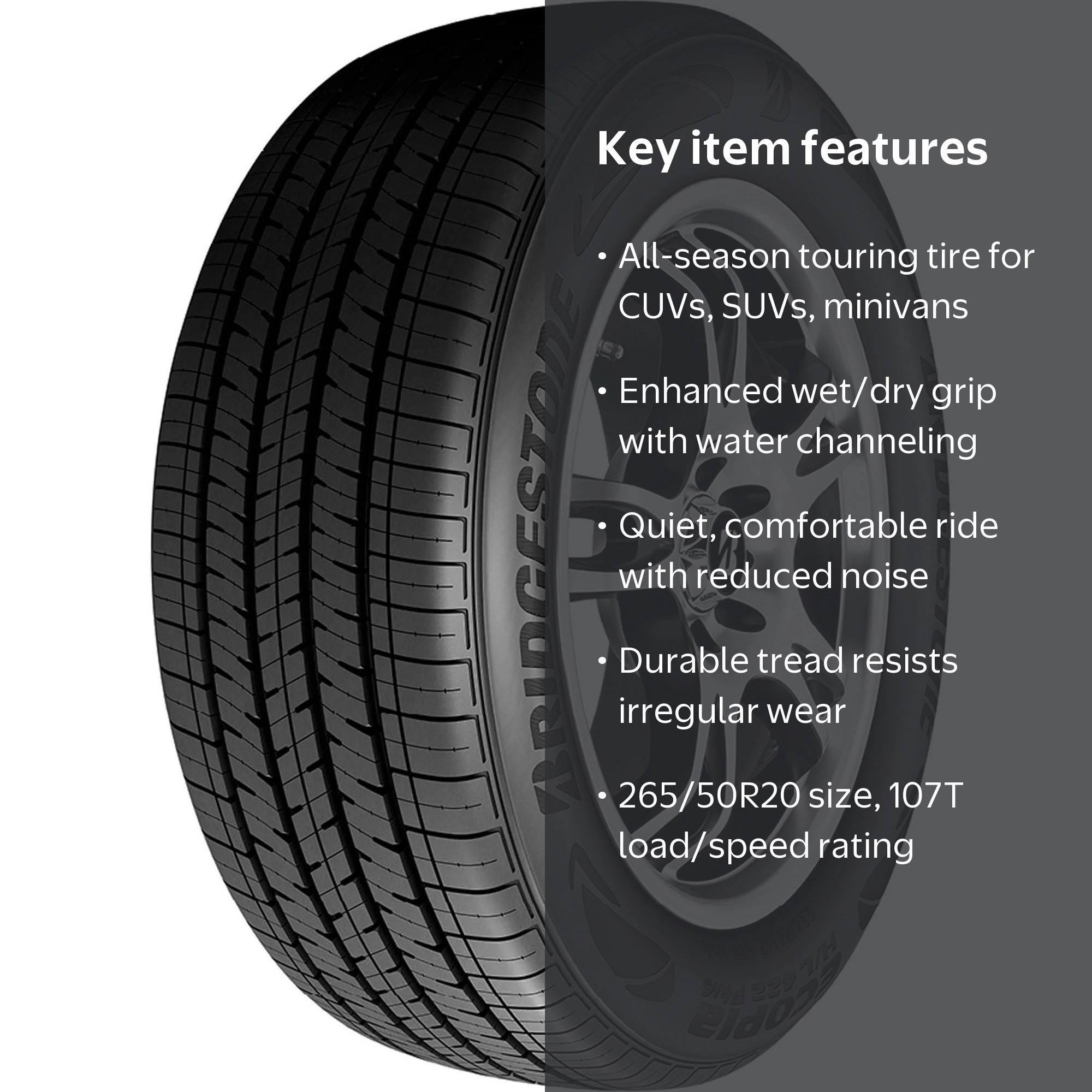 Bridgestone, Passenger Tire, 265/50R20, Black, All Season