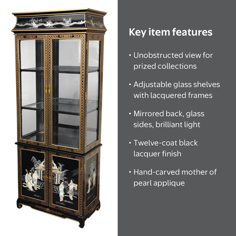 Glass kaoria - petit れいこ Oriental Furniture Lacquer Curio Cabinet, Black Mother of Pearl
