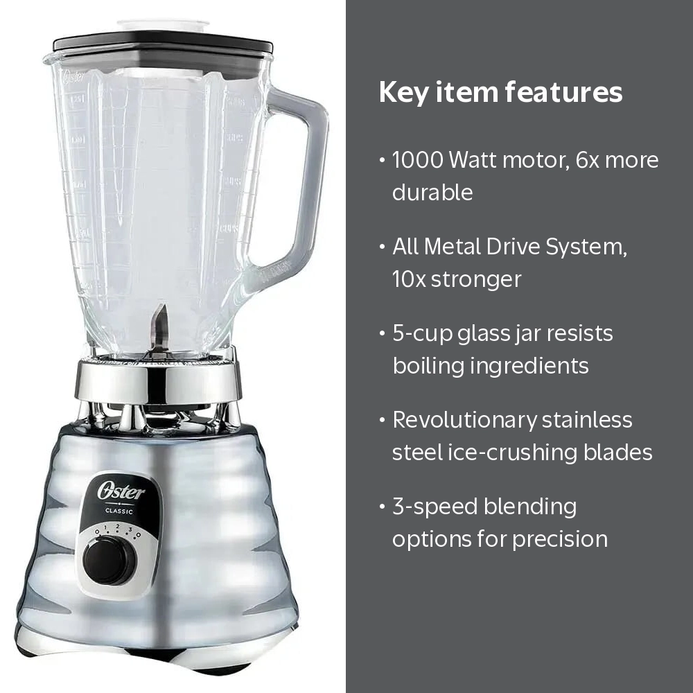 【山モン】　Oster ステンレススチール ブレンダー　　ハイパワー Oster, Blender, 3 Speed, 5 Cup Glass Jar, 1000 Watt Motor