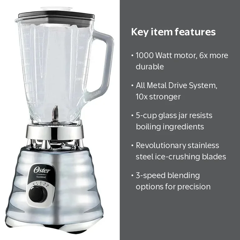 Oster, Blender, 3 Speed, 5 Cup Glass Jar, 1000 Watt Motor