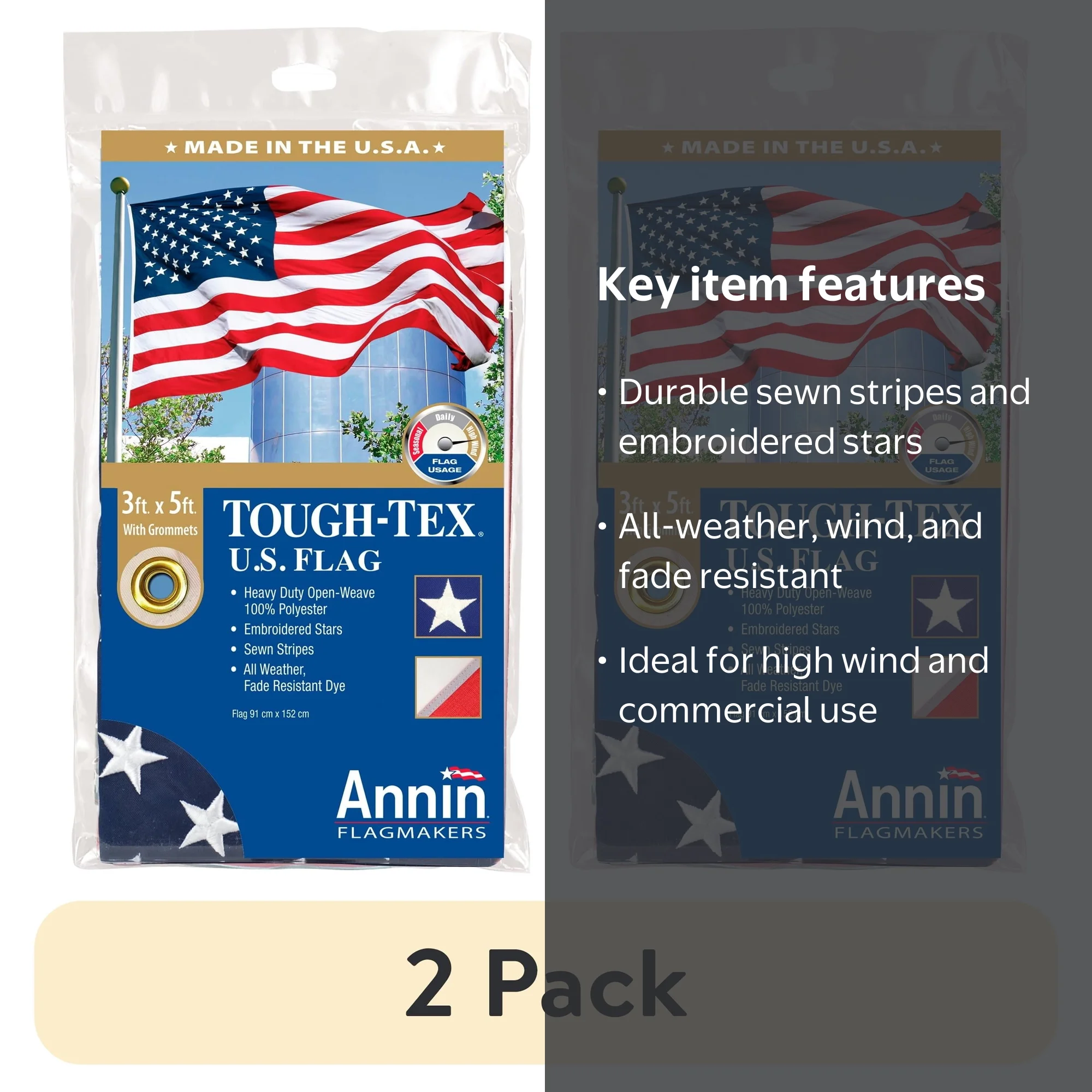 2 pack) Annin Flagmakers 3' x 5' Tough-Tex U.S. American Flag