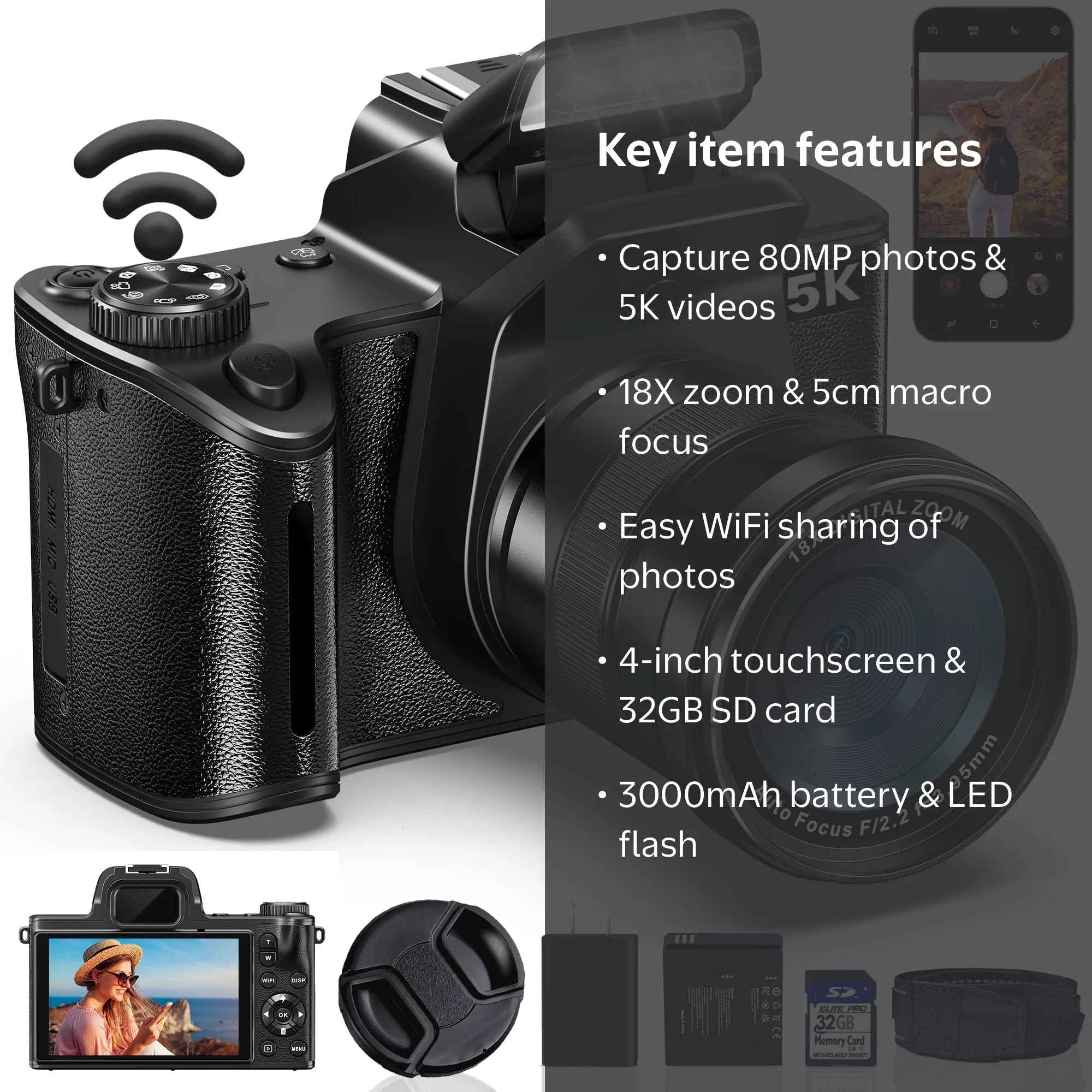 MARVUE Digital Camera with 5K UHD Video, 80MP, 18X Zoom, One-Touch