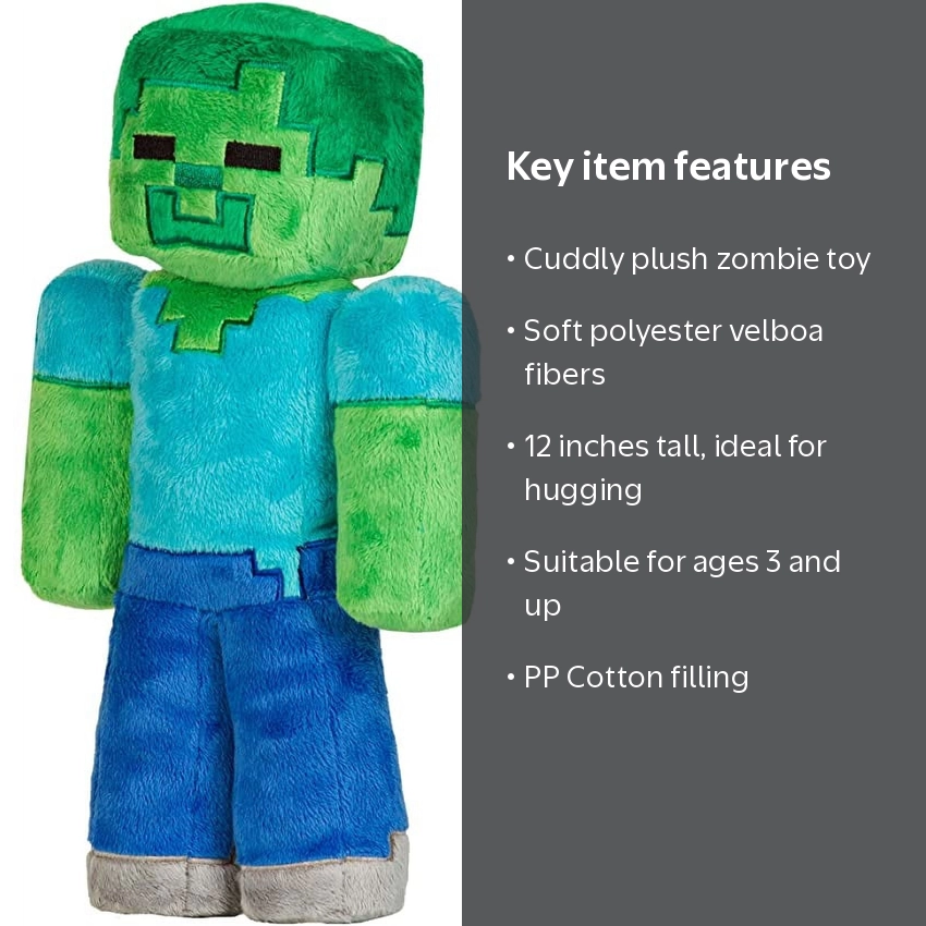 Jinx Designed Minecraft Zombie Plush Stuffed Toy, Soft Polyester