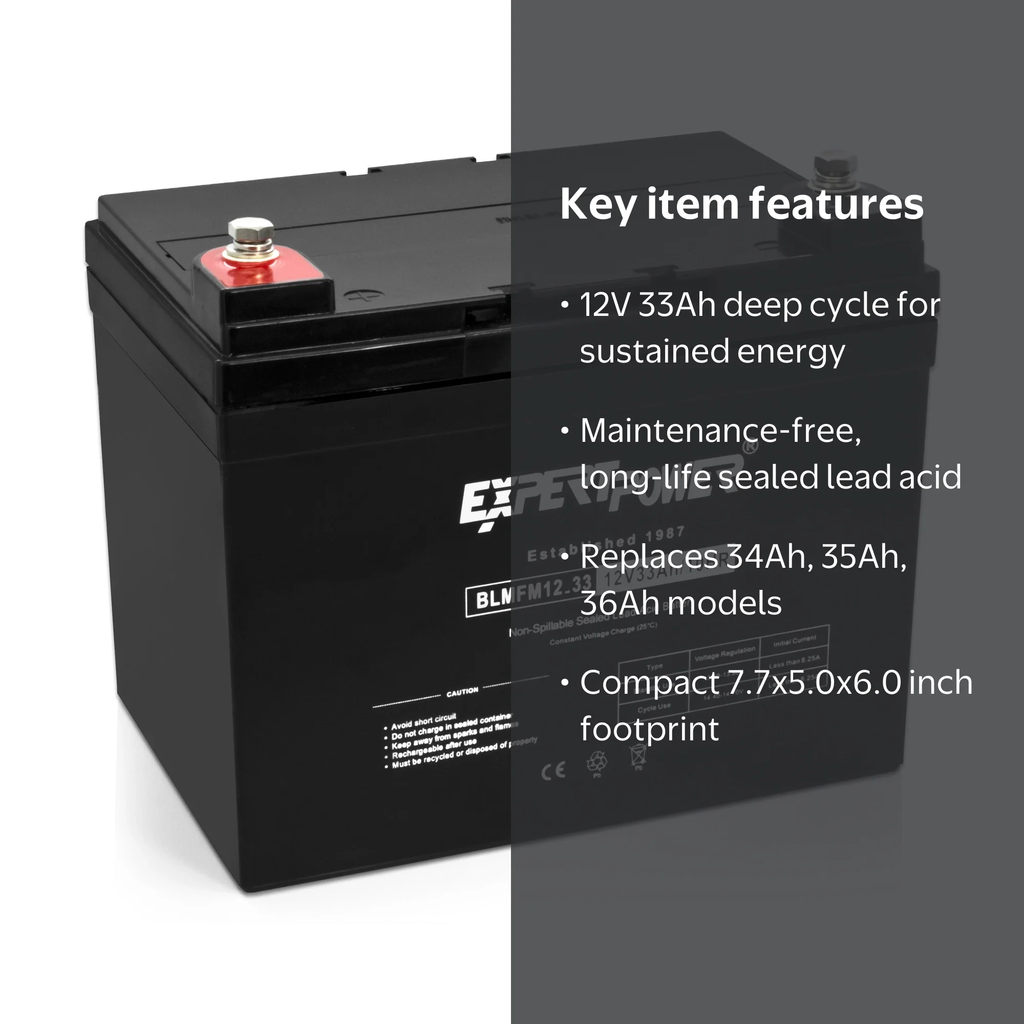 ExpertPower, Deep Cycle Battery, 12V 33Ah, Replaces 34Ah 35Ah 36Ah