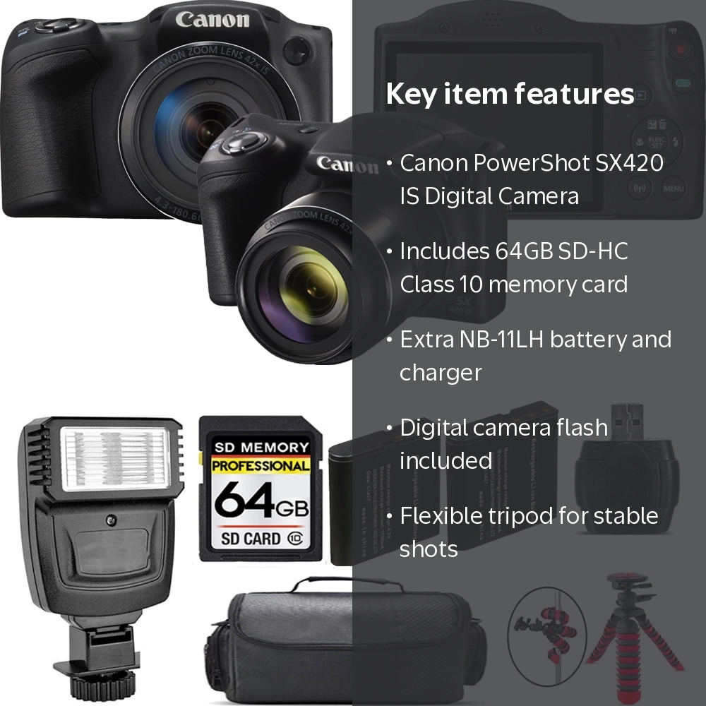 Canon PowerShot SX420 IS Digital Camera (Black) + Extra Battery +