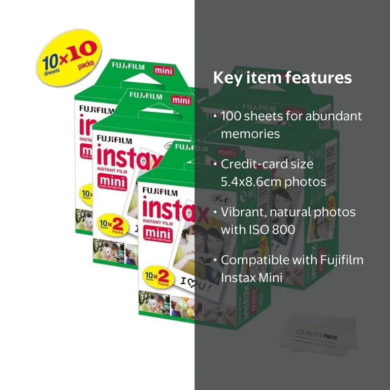 Fujifilm Instax Mini Instant Film, 100 Sheets, White, Compatible