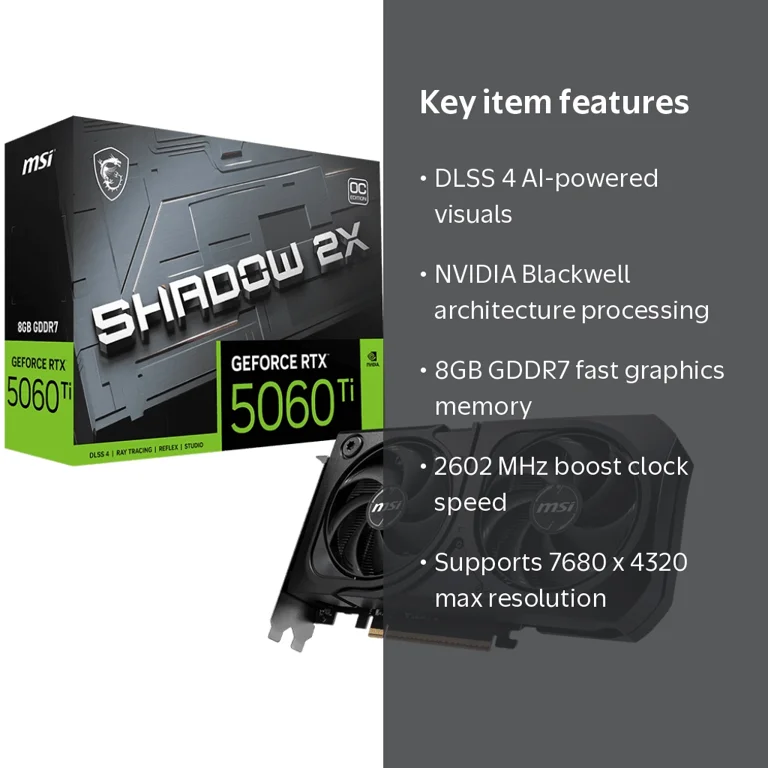 MSI NVIDIA GeForce RTX 5060 Ti Graphic Card - 8 GB GDDR7 - 7680 x