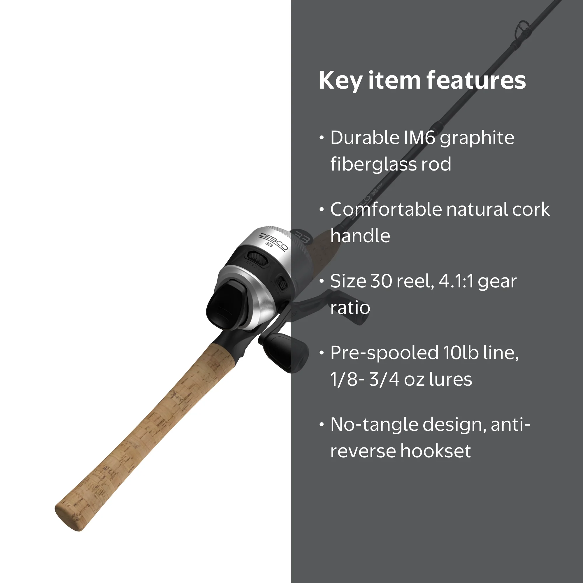 Zebco, Spincast Reel and Fishing Rod Combo, 6 ft Cork, Silver