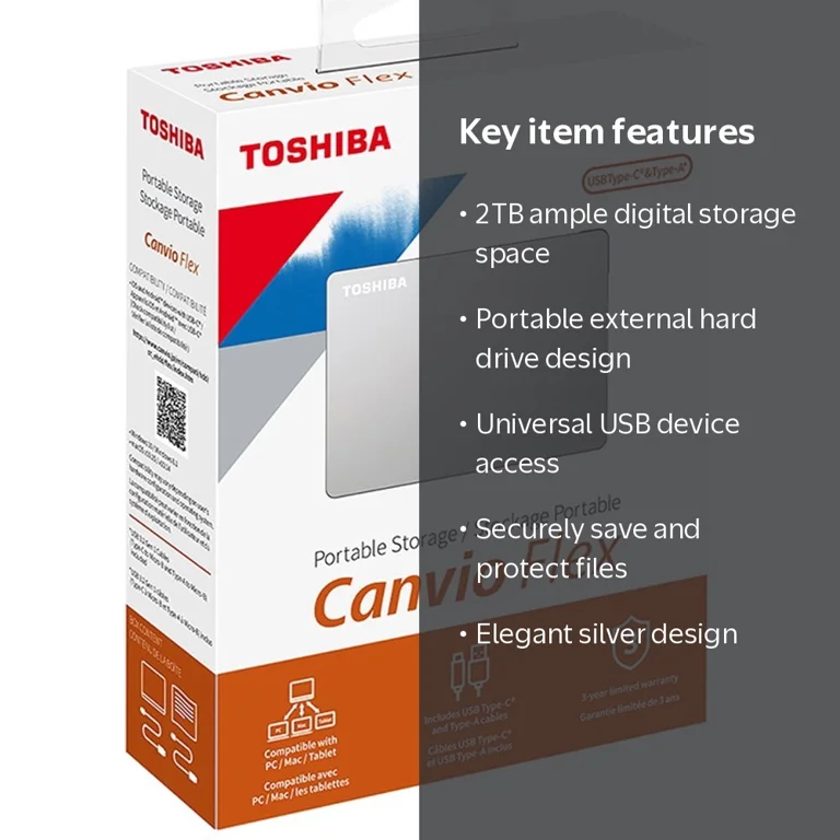 Toshiba, Canvio Flex Portable External Hard Drive, Silver, 2TB