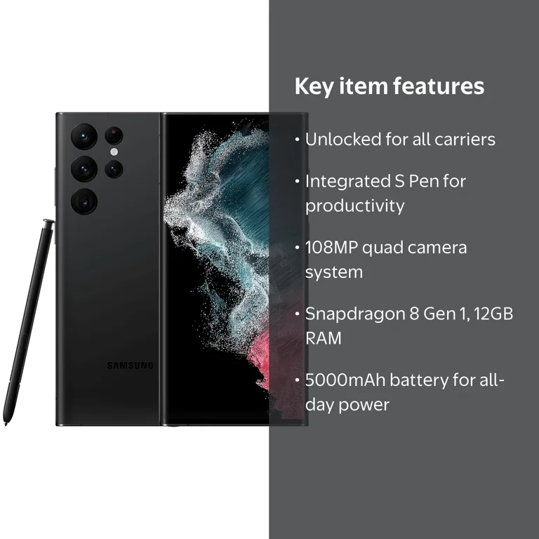 Restored Samsung Galaxy S22 Ultra 5G 256GB Phantom Black Fully