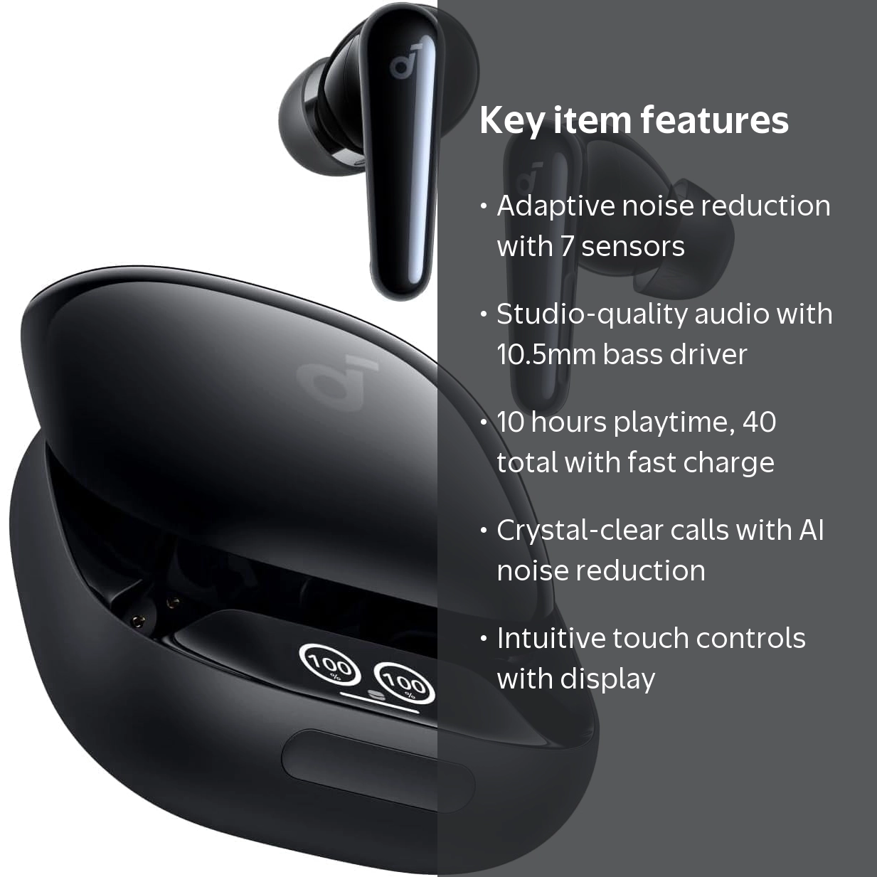 Soundcore, Noise Cancelling Wireless Earbuds, Black, 7 Sensors