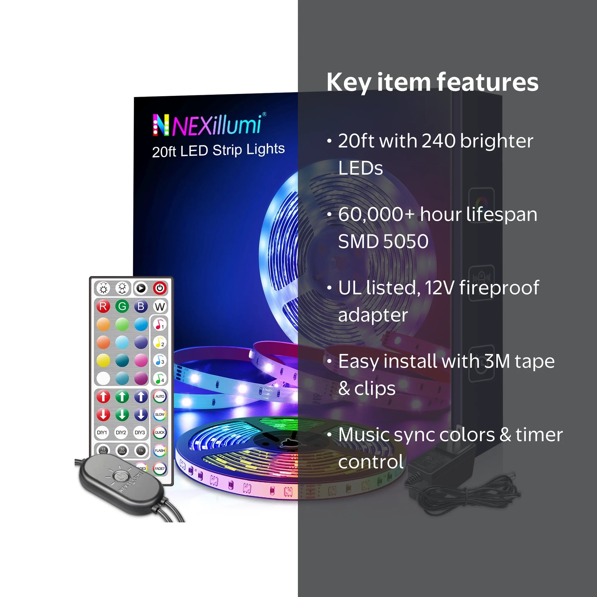 Nexillumi 20 ft LED Strip Lights, Color Changing, Music Sync